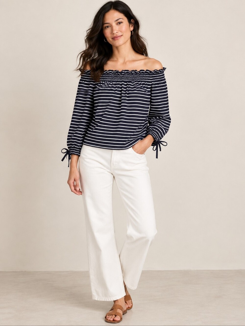 ❤️ BANANA REPUBLIC SUPIMA COTTON OFF THE SHOULDER TOP IN SHADOW STRIPE, XS